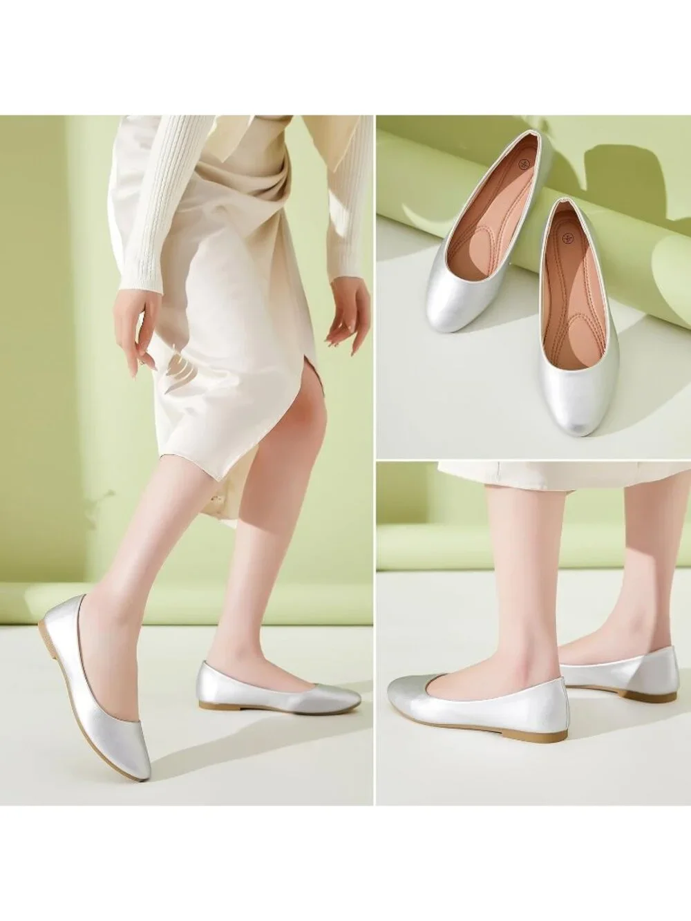 Women's Silver PU Leather Closed Toe Comfortable Flexible Slip On Ballet Flats